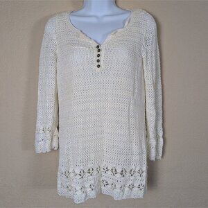 VTG Emma James Women's sz M Open Knit Tunic Sweater Henley Beach Crochet Goblin